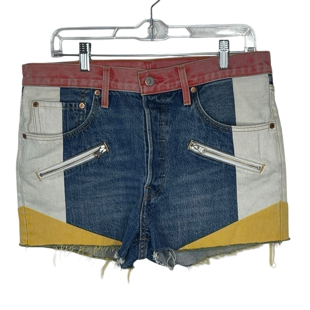 Levi's 501 Super Mario Denim Jean Shorts Women's color block fray hem Size 31 - Picture 2 of 16